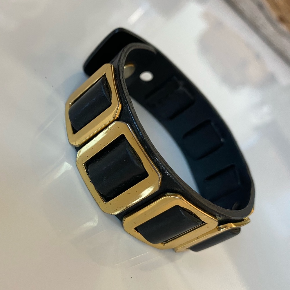 Tory Burch Black Leather Gold Buckle Cuff